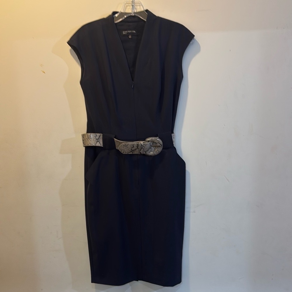 Elegant Navy Dress with Snake Print Belt